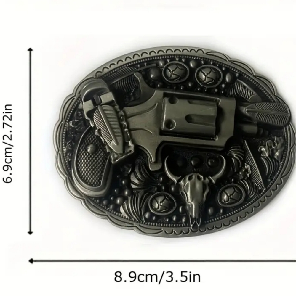 Western faux revolver pistol theme feathers Longhorn bull belt buckle